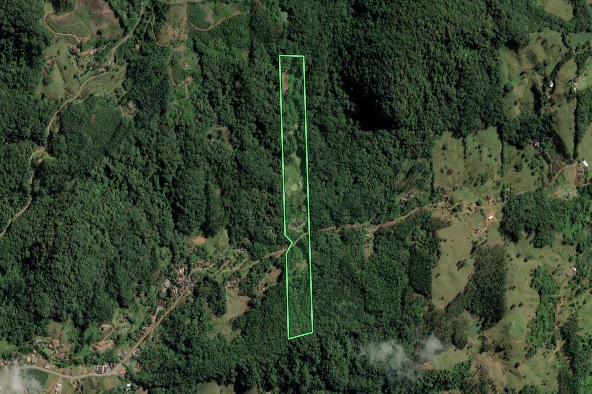 Imagem de satélite do imóvel rural em Benedito Novo (SC), com o contorno declarado no CAR desenhado por cima.
