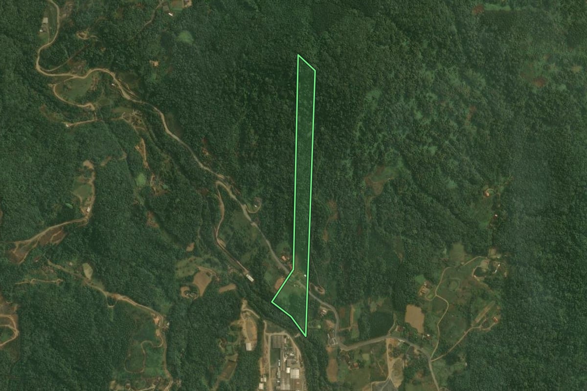 Imagem de satélite do imóvel rural em Benedito Novo (SC), com o contorno declarado no CAR desenhado por cima.