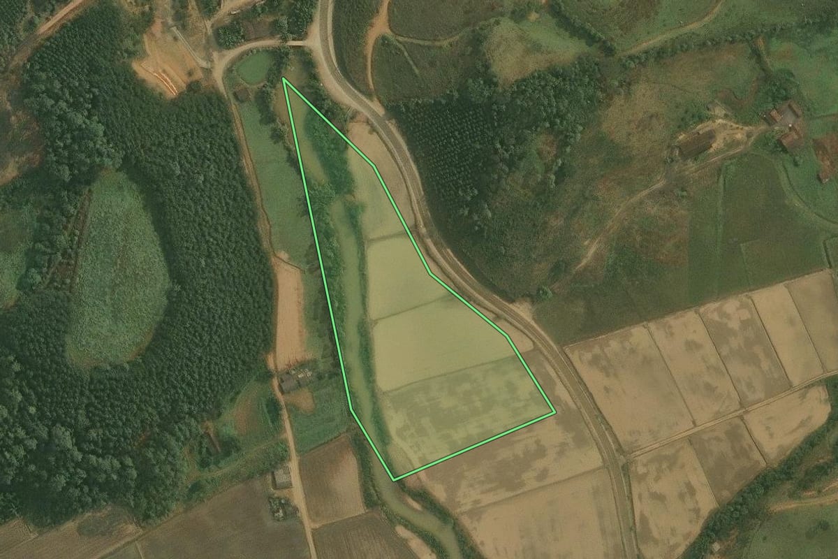 Imagem de satélite do imóvel rural em Benedito Novo (SC), com o contorno declarado no CAR desenhado por cima.