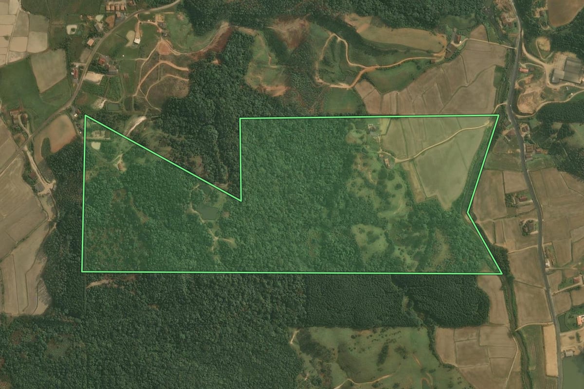 Imagem de satélite do imóvel rural em Benedito Novo (SC), com o contorno declarado no CAR desenhado por cima.