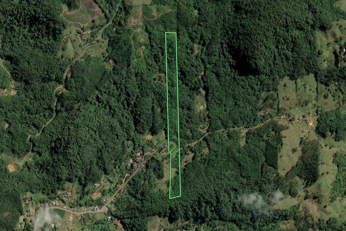Imagem de satélite do imóvel rural em Benedito Novo (SC), com o contorno declarado no CAR desenhado por cima.