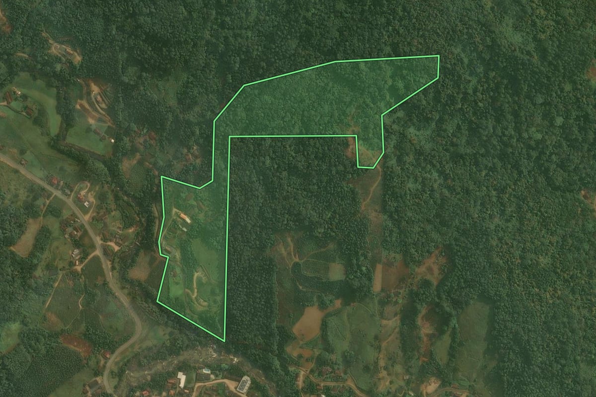 Imagem de satélite do imóvel rural em Benedito Novo (SC), com o contorno declarado no CAR desenhado por cima.
