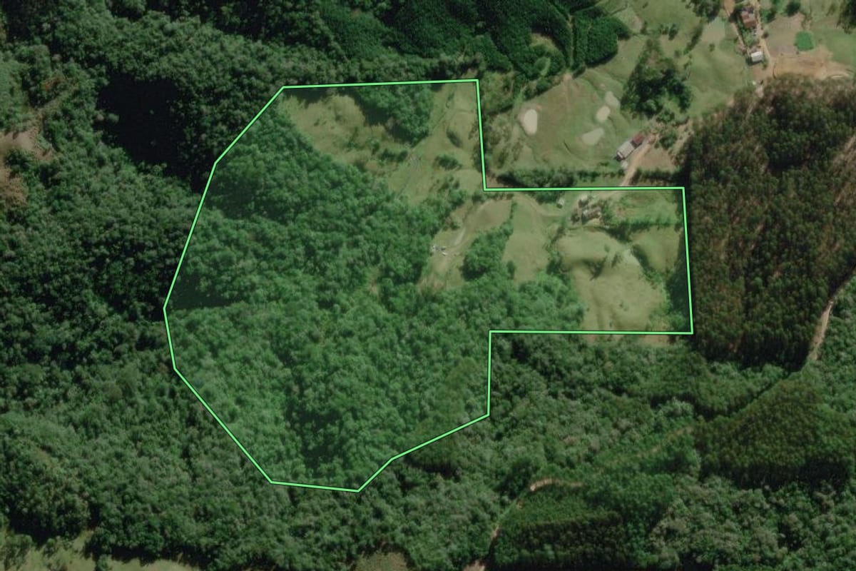 Imagem de satélite do imóvel rural em Benedito Novo (SC), com o contorno declarado no CAR desenhado por cima.