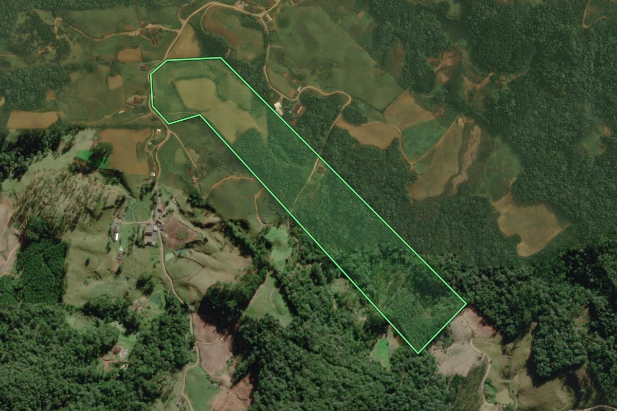Imagem de satélite do imóvel rural em Benedito Novo (SC), com o contorno declarado no CAR desenhado por cima.