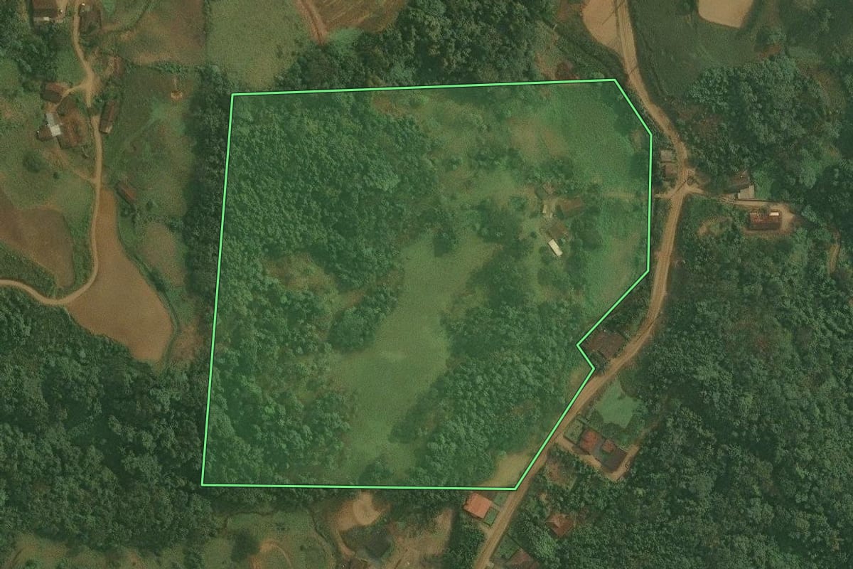 Imagem de satélite do imóvel rural em Benedito Novo (SC), com o contorno declarado no CAR desenhado por cima.