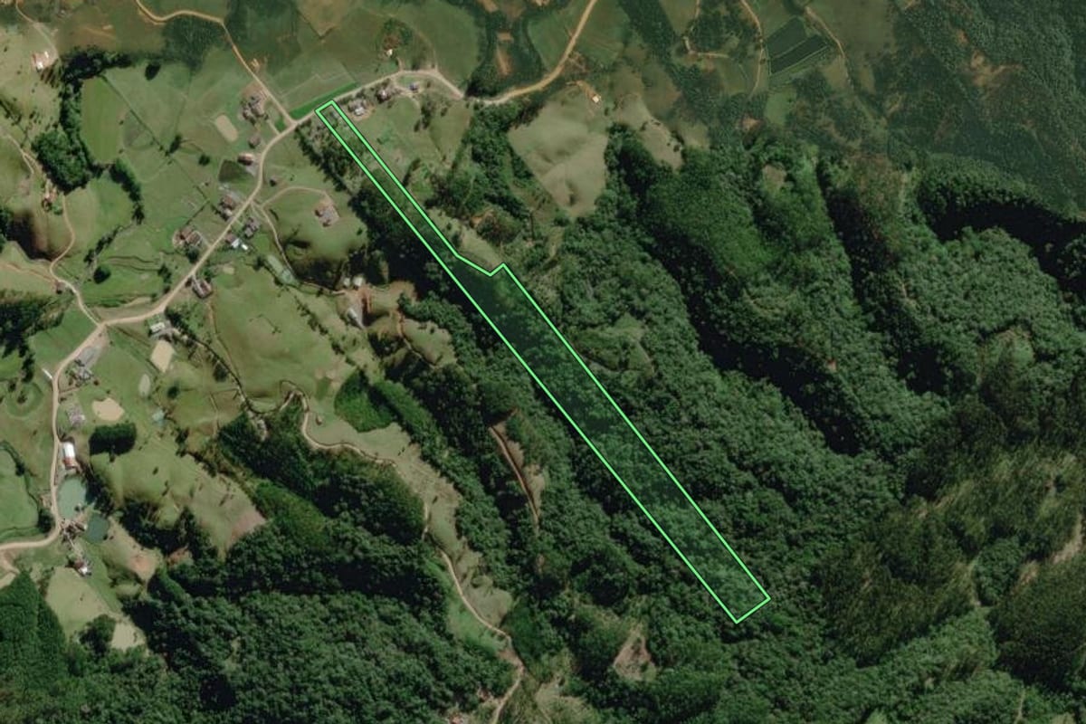 Imagem de satélite do imóvel rural em Benedito Novo (SC), com o contorno declarado no CAR desenhado por cima.
