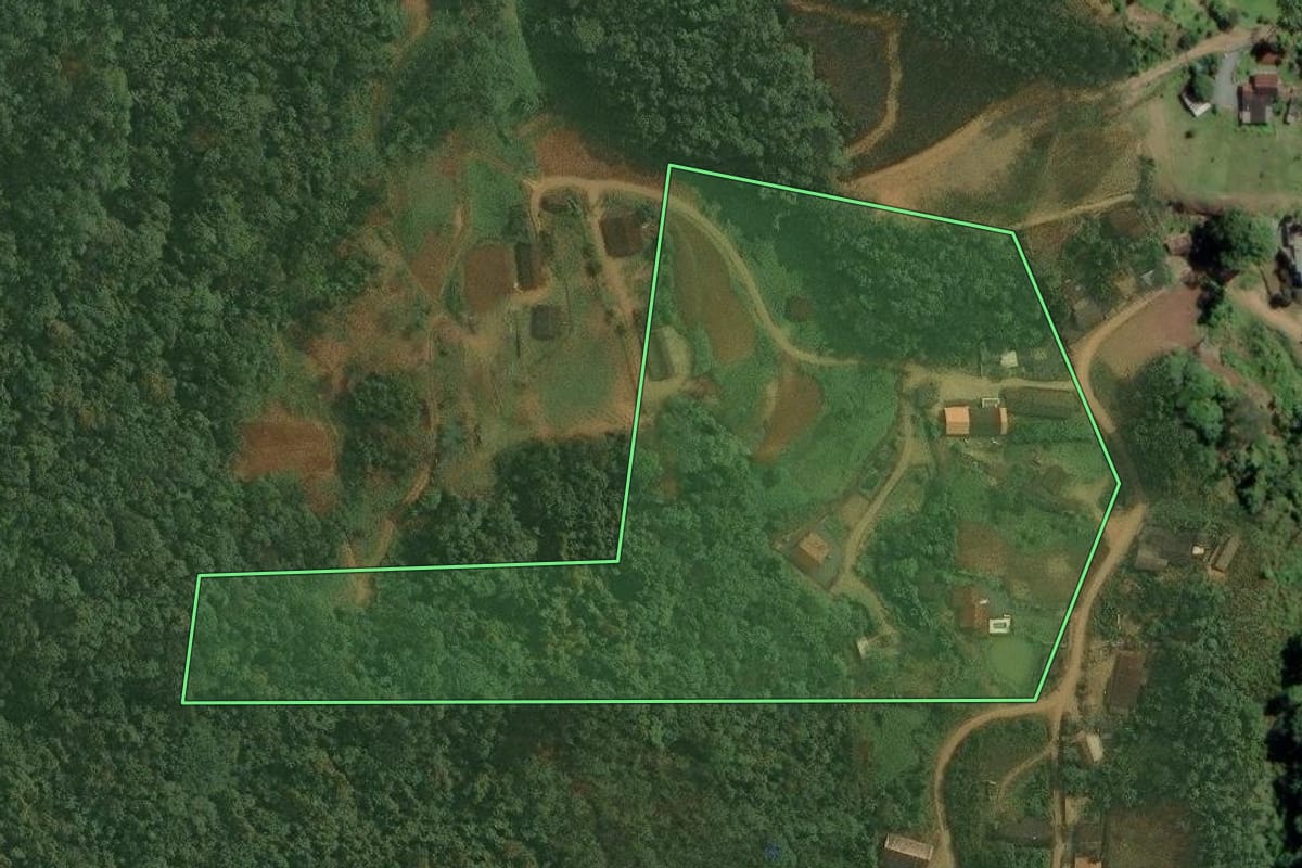 Imagem de satélite do imóvel rural em Benedito Novo (SC), com o contorno declarado no CAR desenhado por cima.