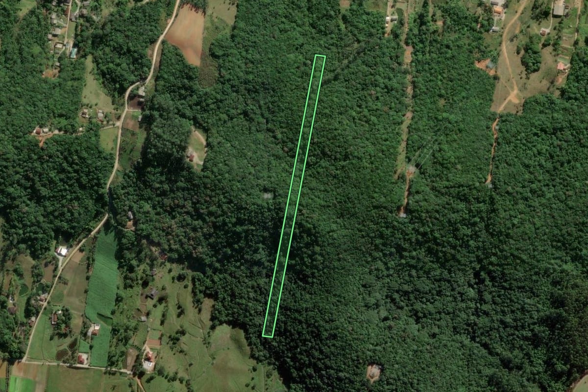 Imagem de satélite do imóvel rural em Biguaçu (SC), com o contorno declarado no CAR desenhado por cima.