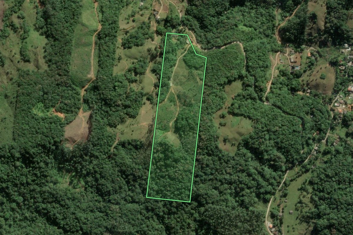 Imagem de satélite do imóvel rural em Biguaçu (SC), com o contorno declarado no CAR desenhado por cima.