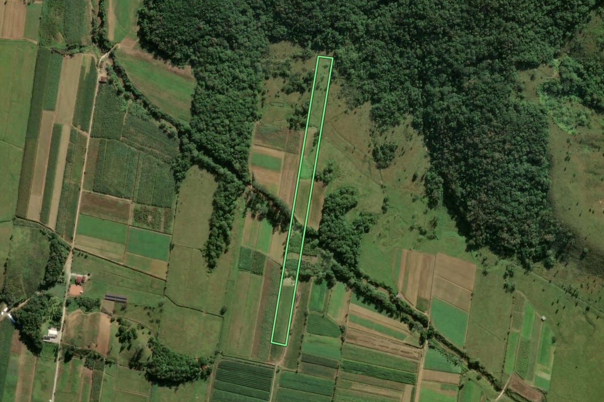 Imagem de satélite do imóvel rural em Biguaçu (SC), com o contorno declarado no CAR desenhado por cima.