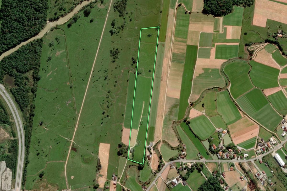Imagem de satélite do imóvel rural em Biguaçu (SC), com o contorno declarado no CAR desenhado por cima.