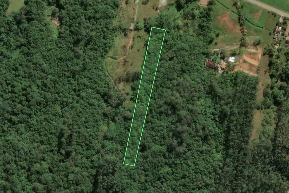 Imagem de satélite do imóvel rural em Biguaçu (SC), com o contorno declarado no CAR desenhado por cima.