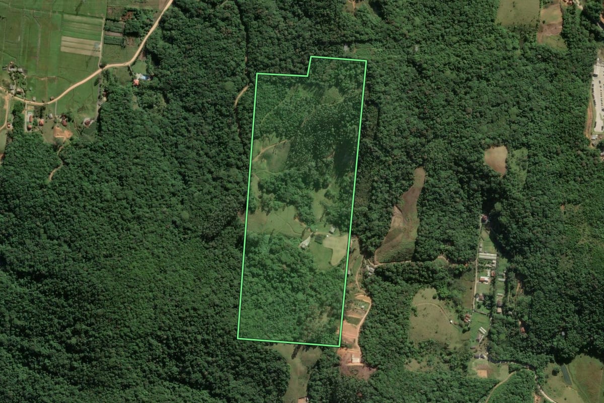 Imagem de satélite do imóvel rural em Biguaçu (SC), com o contorno declarado no CAR desenhado por cima.