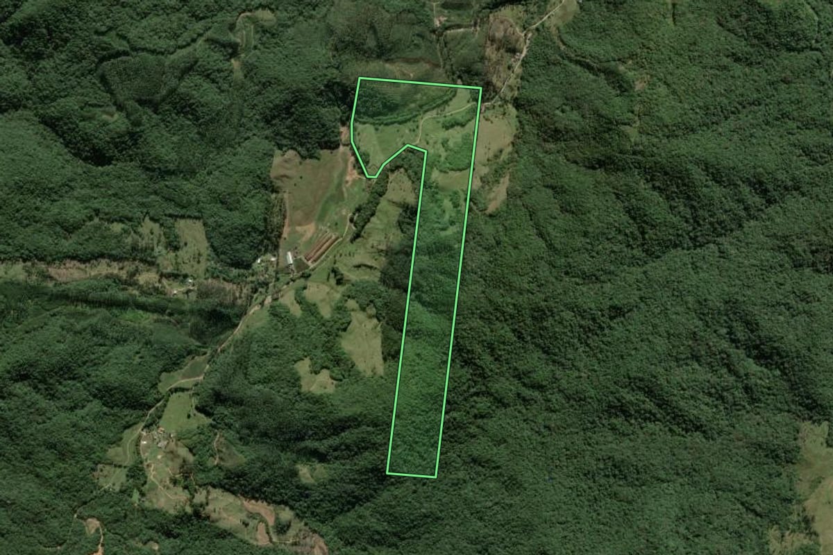 Imagem de satélite do imóvel rural em Biguaçu (SC), com o contorno declarado no CAR desenhado por cima.