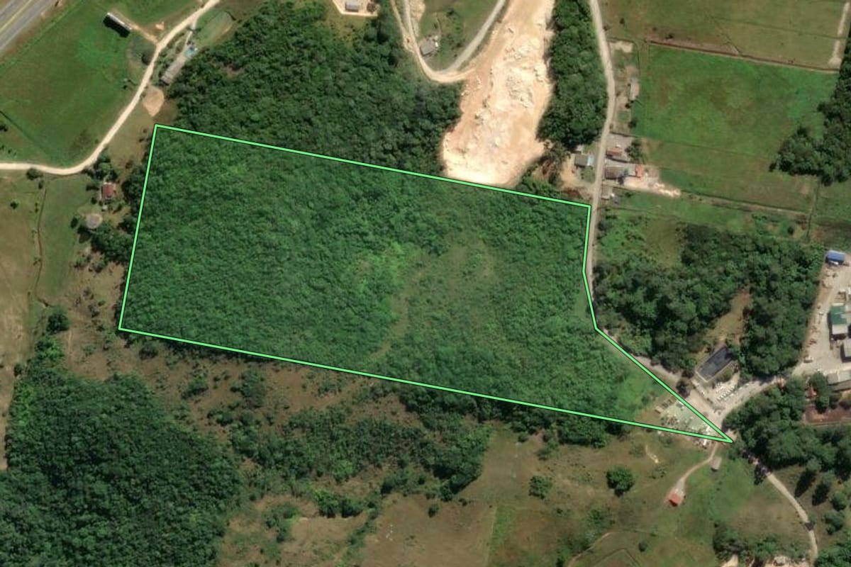 Imagem de satélite do imóvel rural em Biguaçu (SC), com o contorno declarado no CAR desenhado por cima.