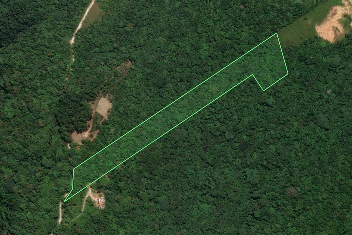 Imagem de satélite do imóvel rural em Biguaçu (SC), com o contorno declarado no CAR desenhado por cima.