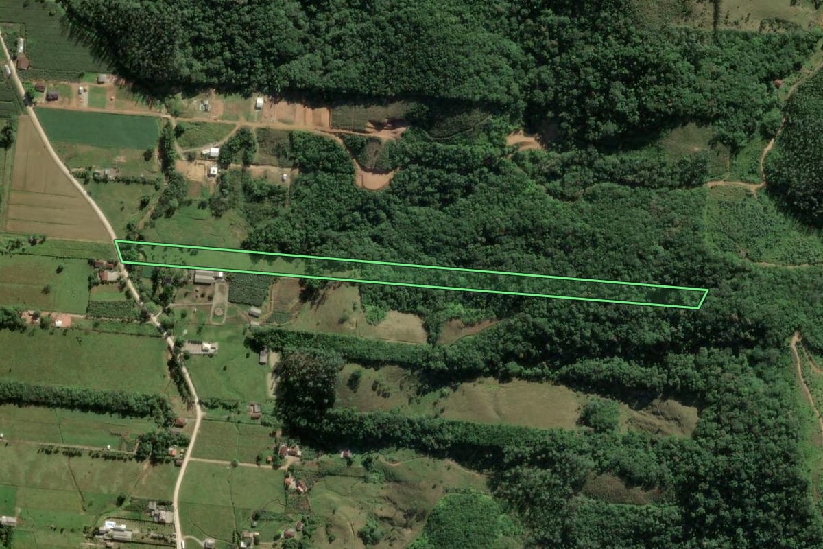 Imagem de satélite do imóvel rural em Biguaçu (SC), com o contorno declarado no CAR desenhado por cima.