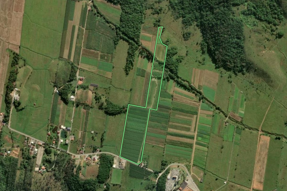 Imagem de satélite do imóvel rural em Biguaçu (SC), com o contorno declarado no CAR desenhado por cima.