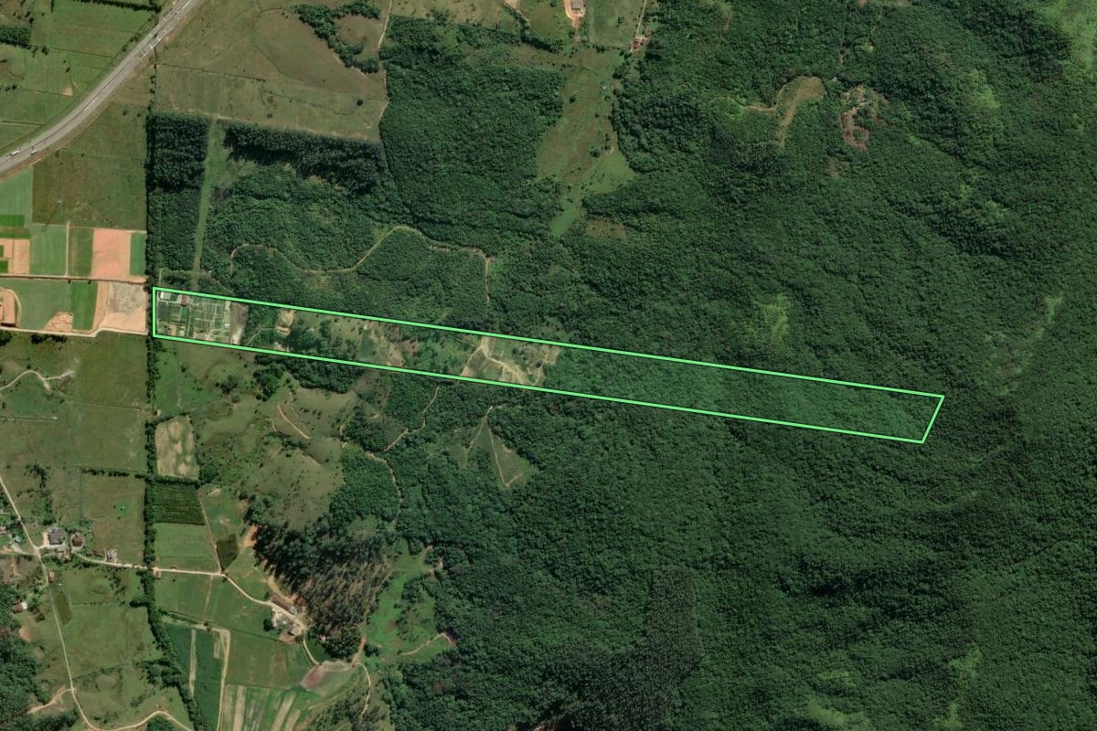 Imagem de satélite do imóvel rural em Biguaçu (SC), com o contorno declarado no CAR desenhado por cima.