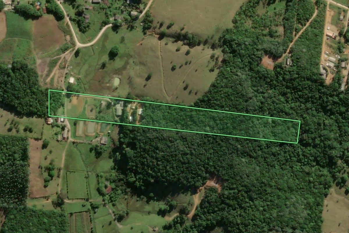 Imagem de satélite do imóvel rural em Biguaçu (SC), com o contorno declarado no CAR desenhado por cima.