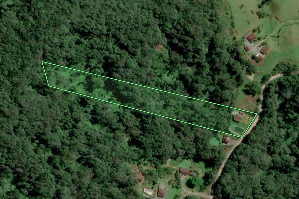 Imagem de satélite do imóvel rural em Blumenau (SC), com o contorno declarado no CAR desenhado por cima.