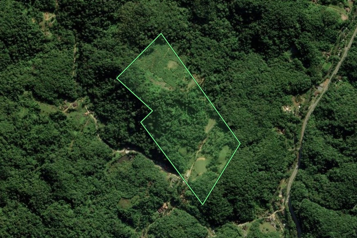Imagem de satélite do imóvel rural em Blumenau (SC), com o contorno declarado no CAR desenhado por cima.