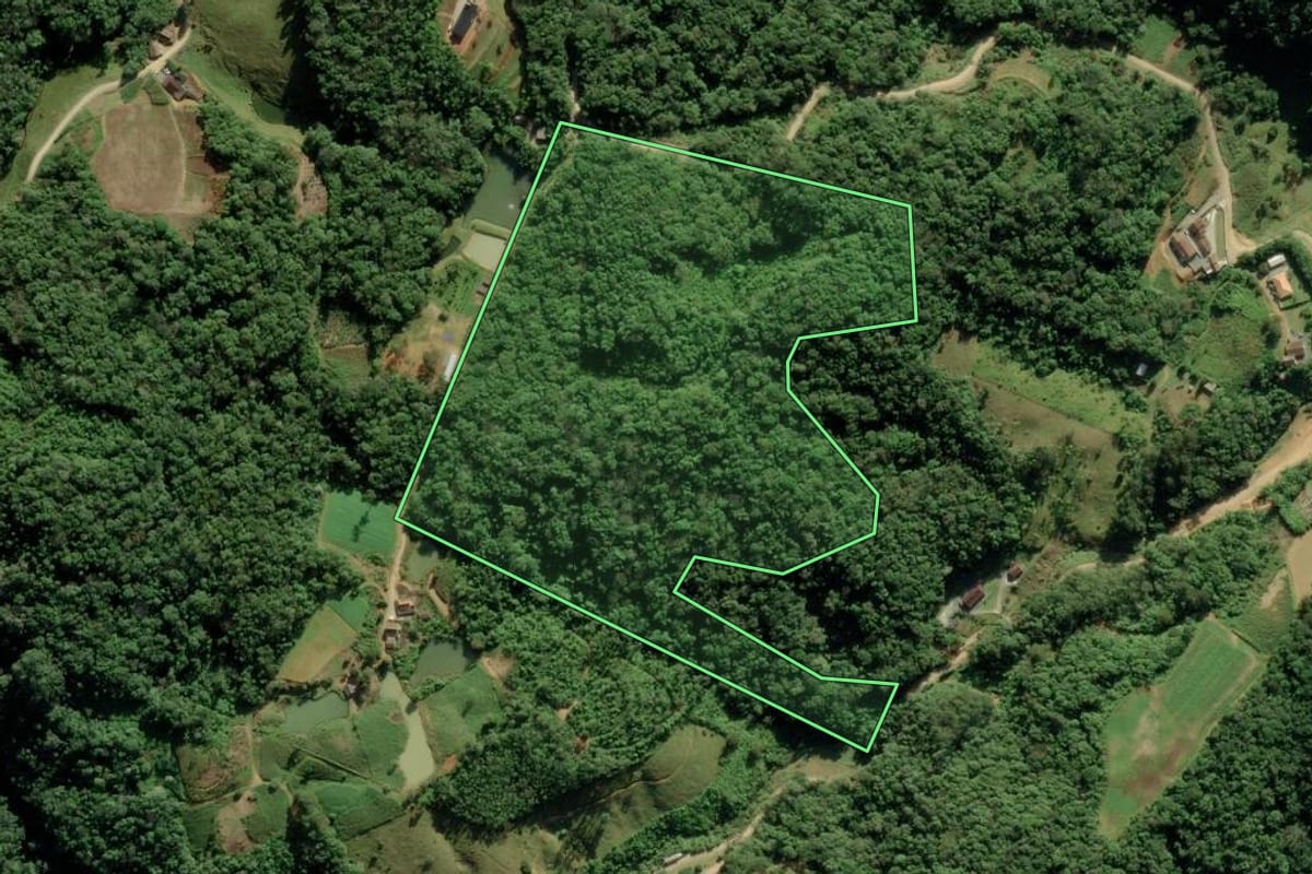 Imagem de satélite do imóvel rural em Blumenau (SC), com o contorno declarado no CAR desenhado por cima.