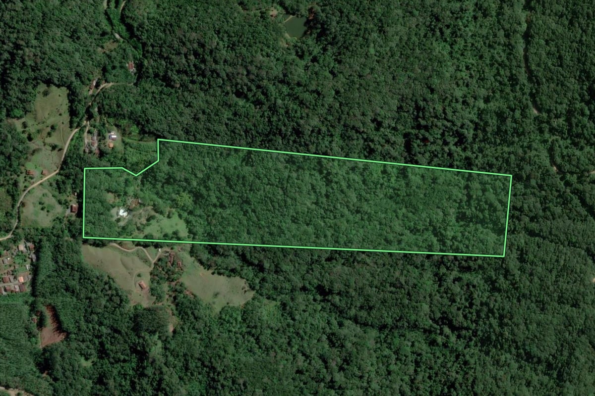 Imagem de satélite do imóvel rural em Blumenau (SC), com o contorno declarado no CAR desenhado por cima.
