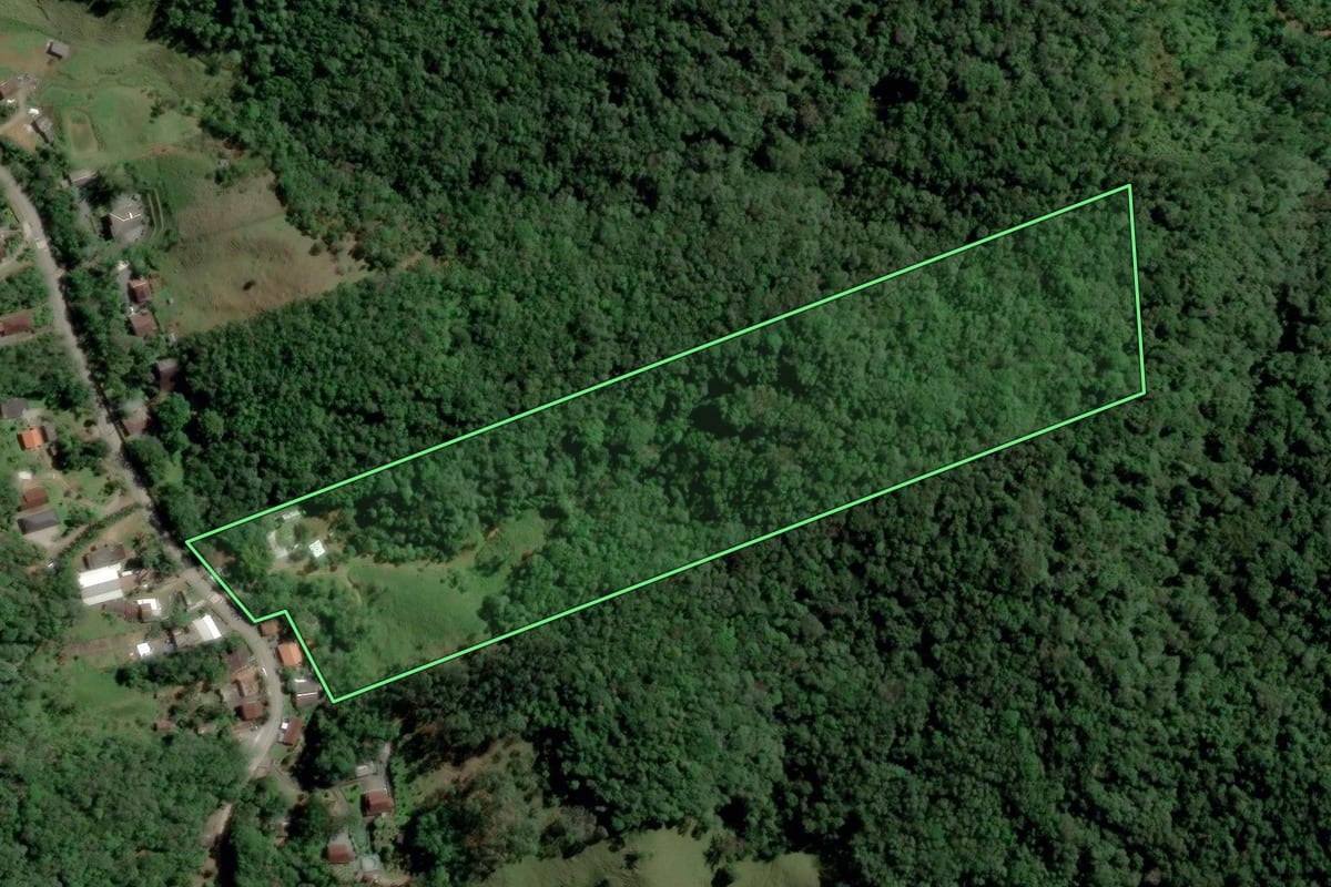 Imagem de satélite do imóvel rural em Blumenau (SC), com o contorno declarado no CAR desenhado por cima.