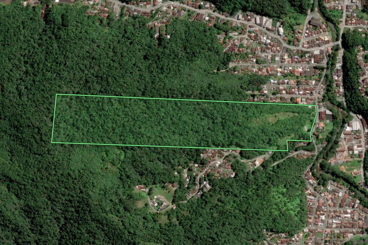 Imagem de satélite do imóvel rural em Blumenau (SC), com o contorno declarado no CAR desenhado por cima.