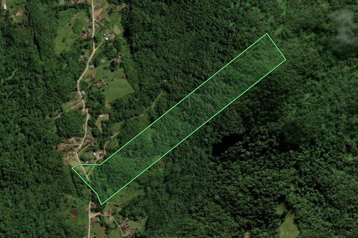 Imagem de satélite do imóvel rural em Blumenau (SC), com o contorno declarado no CAR desenhado por cima.