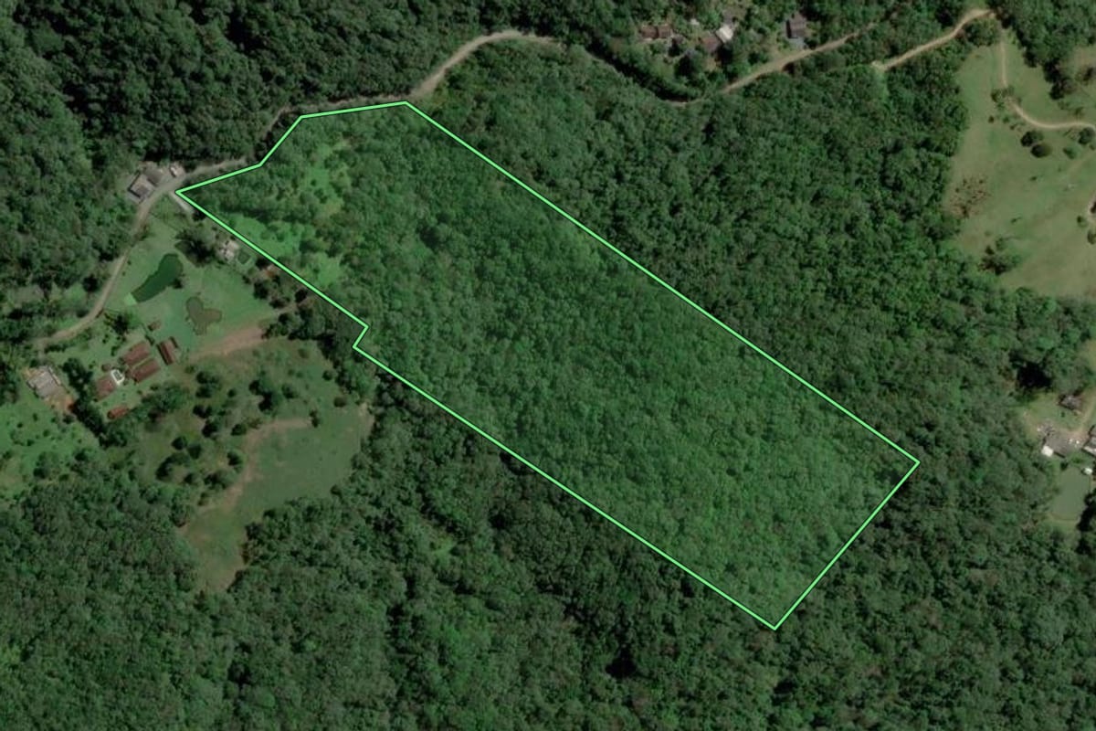 Imagem de satélite do imóvel rural em Blumenau (SC), com o contorno declarado no CAR desenhado por cima.