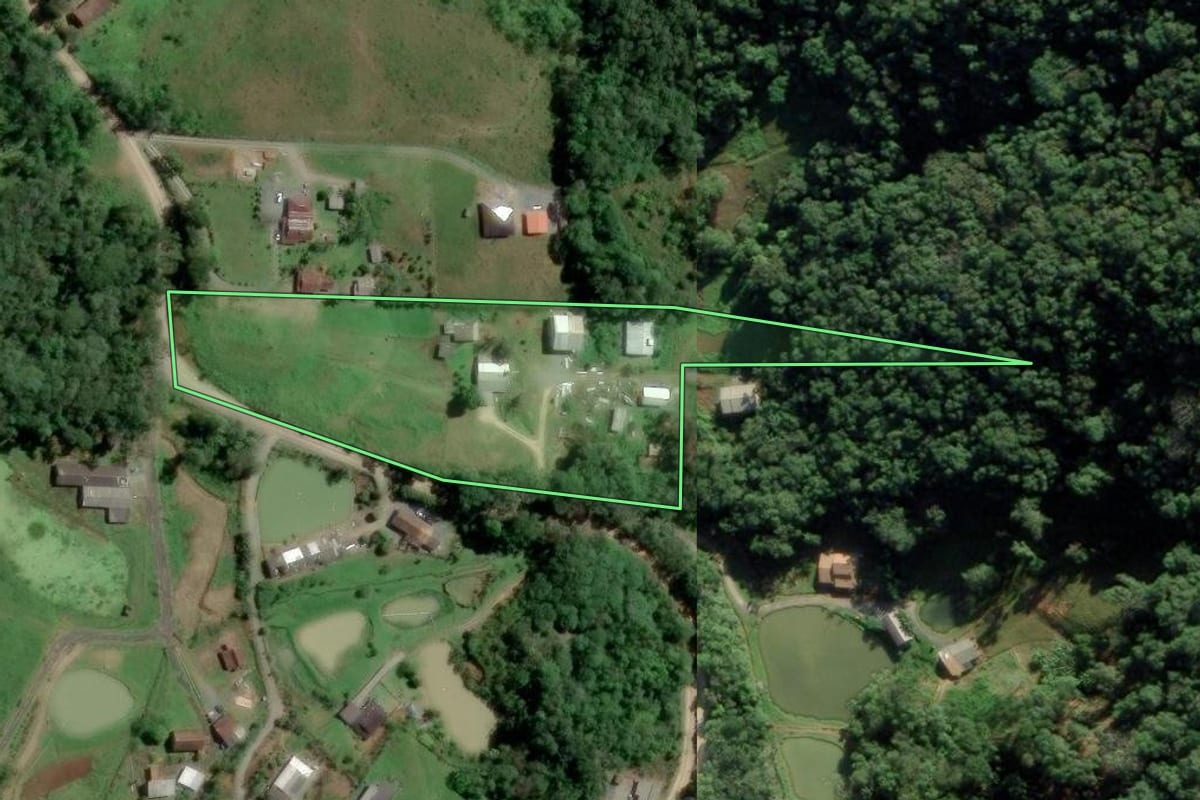 Imagem de satélite do imóvel rural em Blumenau (SC), com o contorno declarado no CAR desenhado por cima.