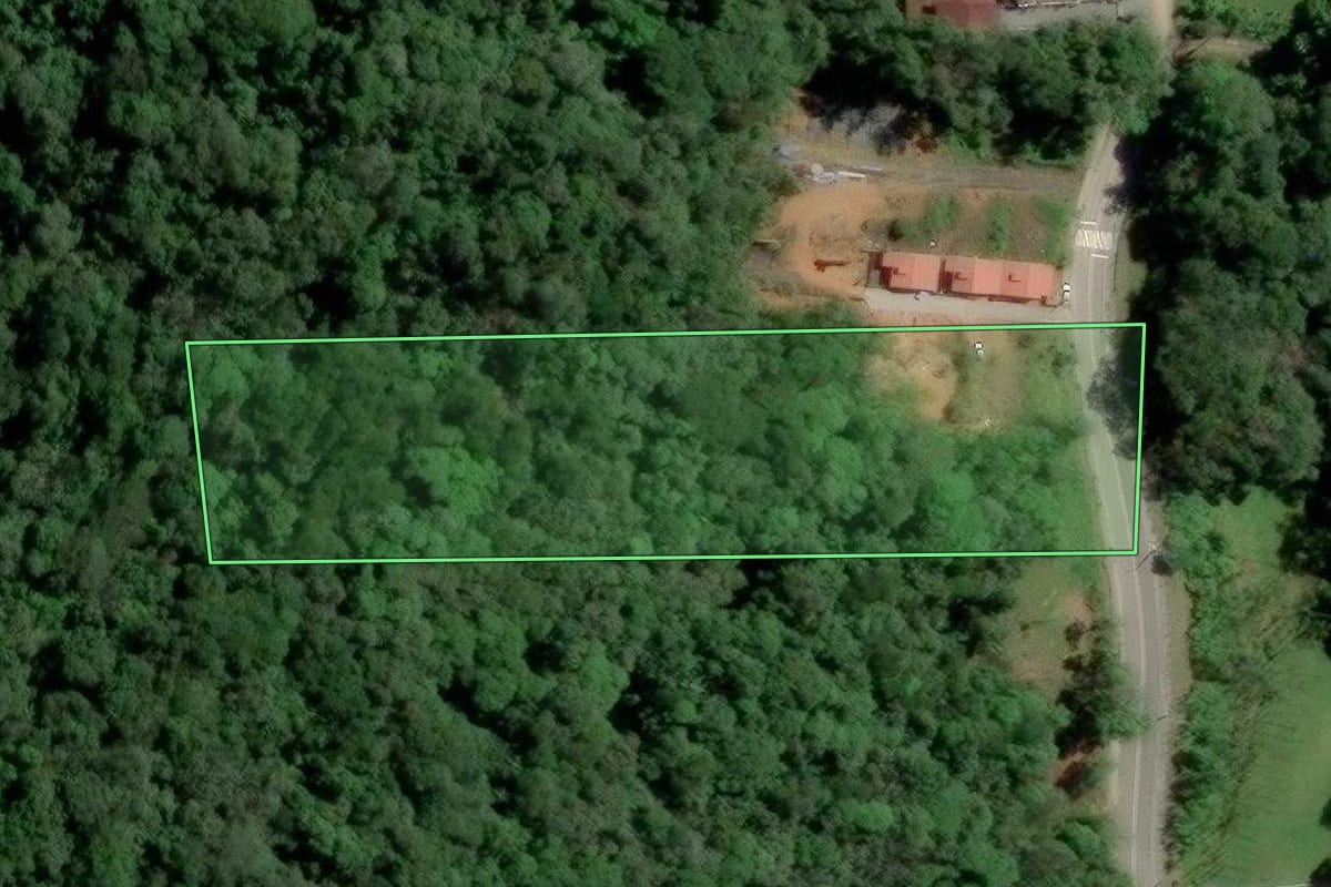 Imagem de satélite do imóvel rural em Blumenau (SC), com o contorno declarado no CAR desenhado por cima.