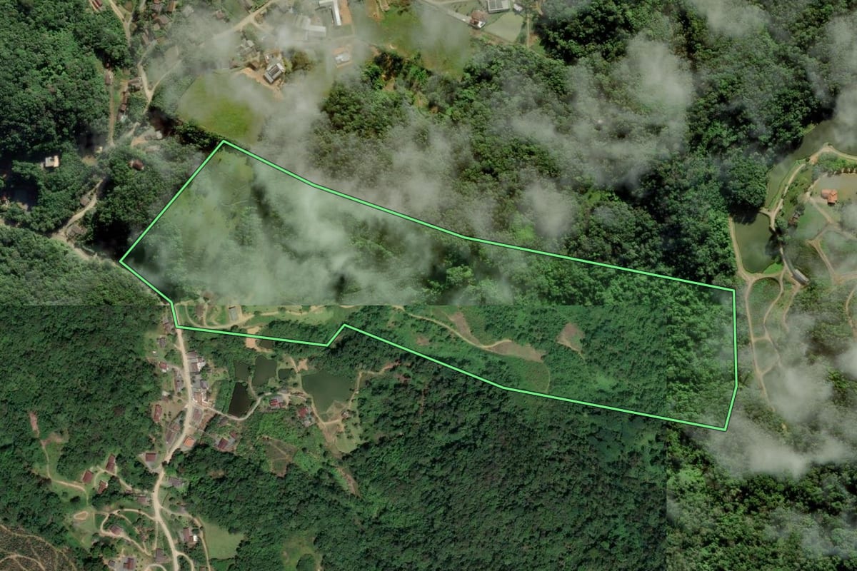 Imagem de satélite do imóvel rural em Blumenau (SC), com o contorno declarado no CAR desenhado por cima.