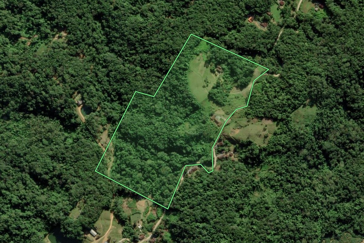 Imagem de satélite do imóvel rural em Blumenau (SC), com o contorno declarado no CAR desenhado por cima.
