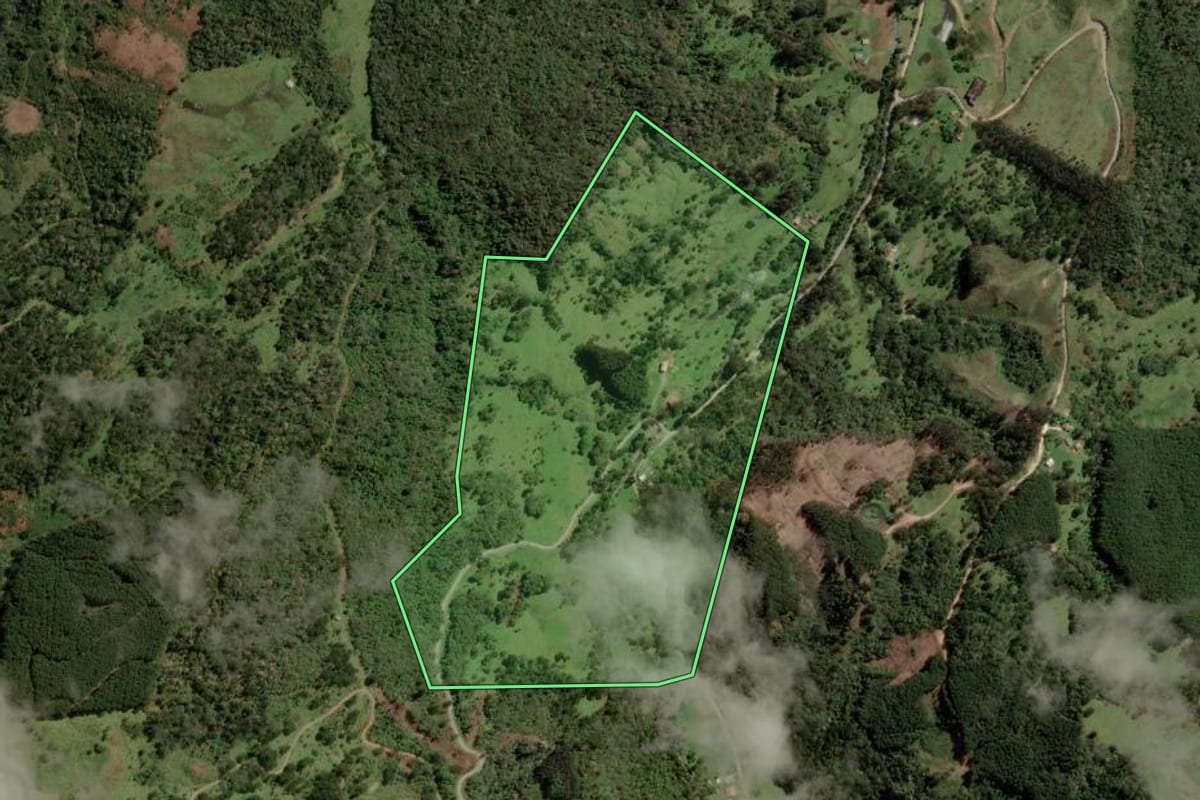 Imagem de satélite do imóvel rural em Bocaina do Sul (SC), com o contorno declarado no CAR desenhado por cima.