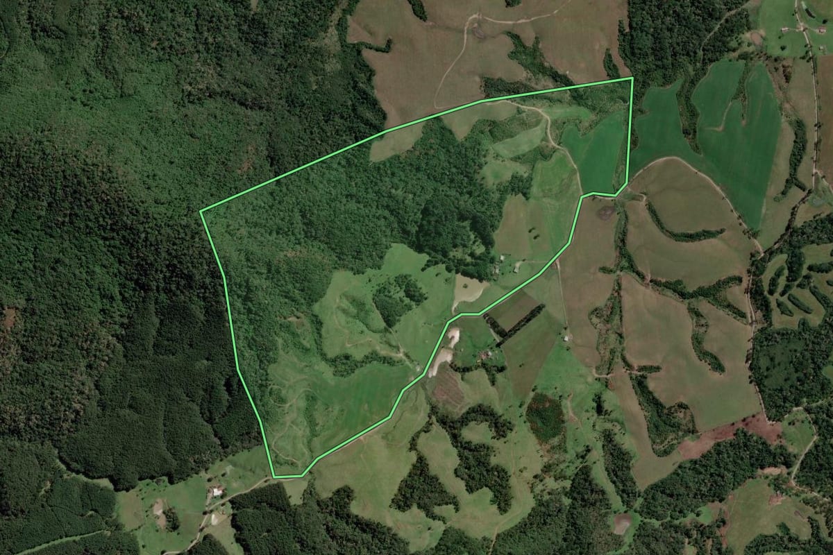 Imagem de satélite do imóvel rural em Bocaina do Sul (SC), com o contorno declarado no CAR desenhado por cima.