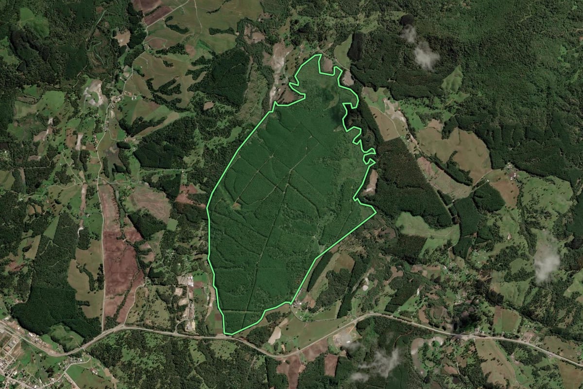 Imagem de satélite do imóvel rural em Bocaina do Sul (SC), com o contorno declarado no CAR desenhado por cima.