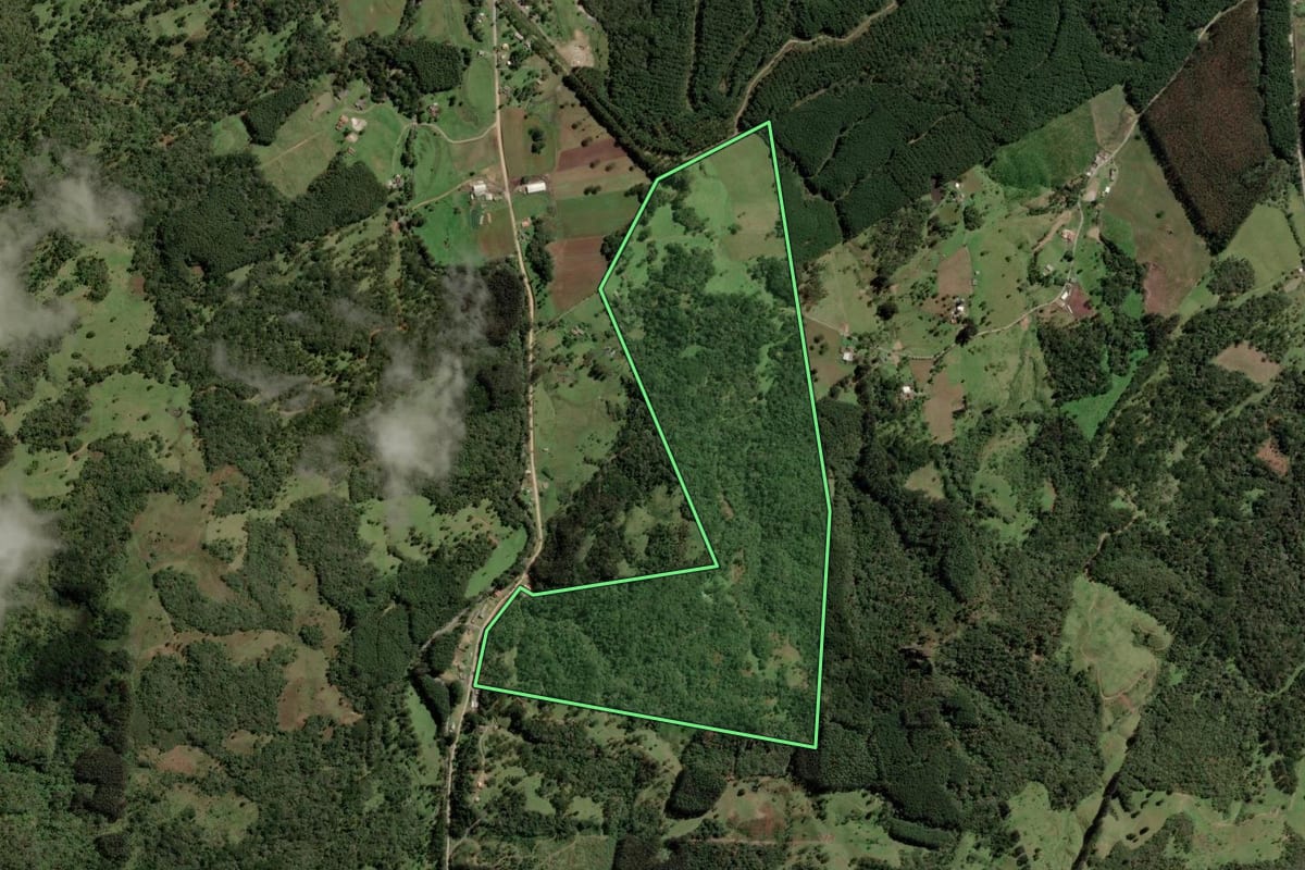 Imagem de satélite do imóvel rural em Bocaina do Sul (SC), com o contorno declarado no CAR desenhado por cima.