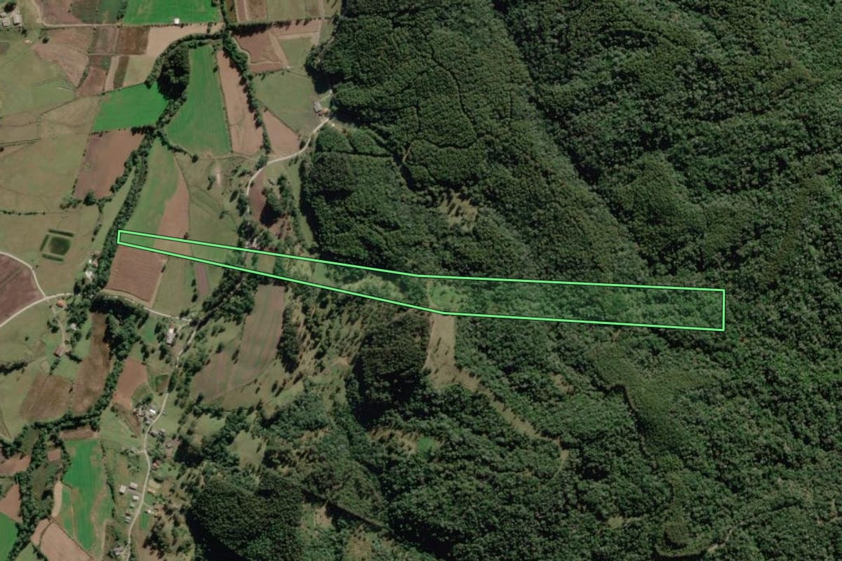 Imagem de satélite do imóvel rural em Bocaina do Sul (SC), com o contorno declarado no CAR desenhado por cima.