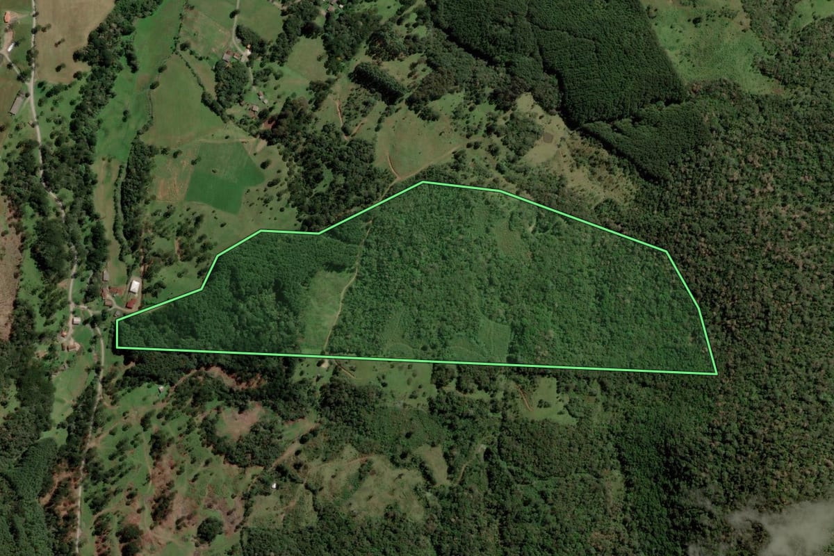 Imagem de satélite do imóvel rural em Bocaina do Sul (SC), com o contorno declarado no CAR desenhado por cima.
