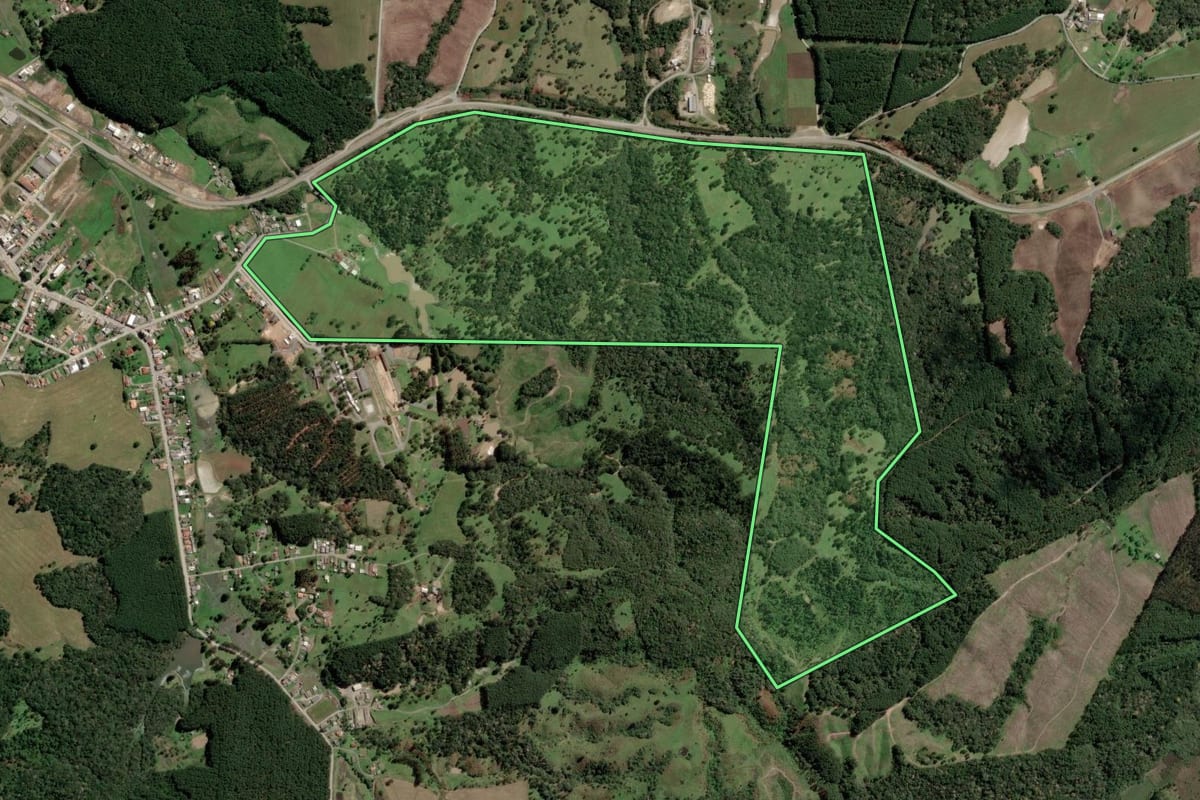 Imagem de satélite do imóvel rural em Bocaina do Sul (SC), com o contorno declarado no CAR desenhado por cima.