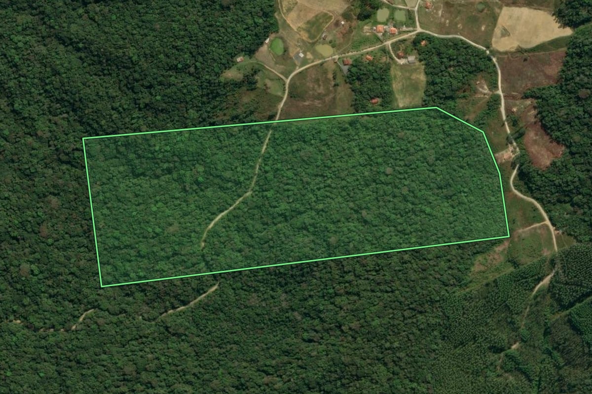 Imagem de satélite do imóvel rural em Botuverá (SC), com o contorno declarado no CAR desenhado por cima.