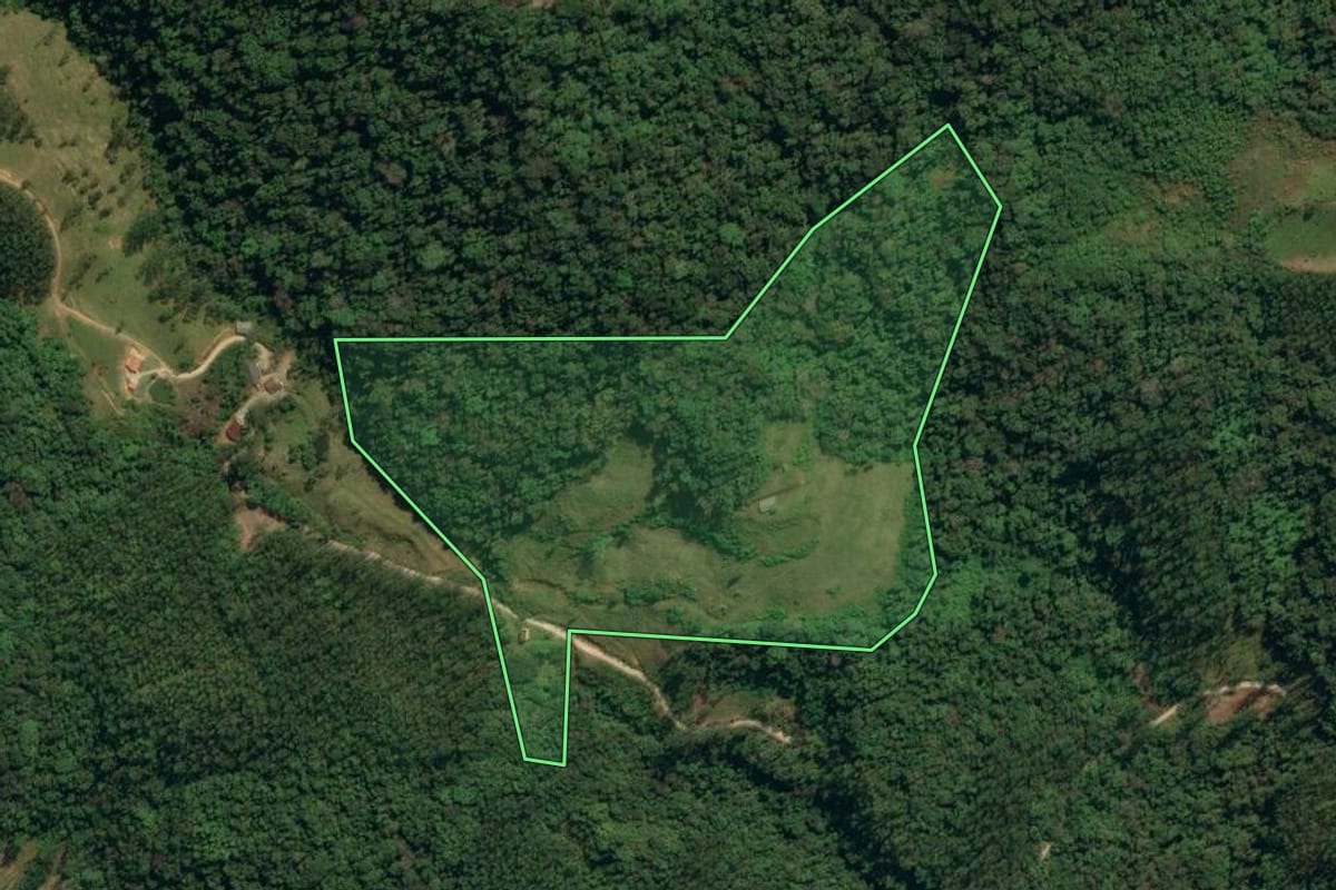 Imagem de satélite do imóvel rural em Botuverá (SC), com o contorno declarado no CAR desenhado por cima.