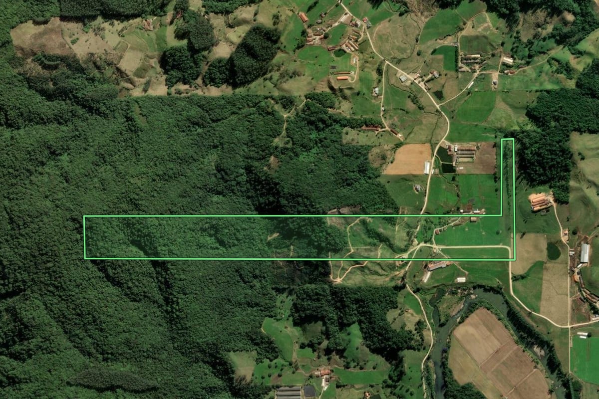 Imagem de satélite do imóvel rural em Braço do Norte (SC), com o contorno declarado no CAR desenhado por cima.