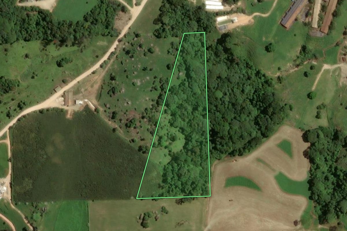 Imagem de satélite do imóvel rural em Braço do Norte (SC), com o contorno declarado no CAR desenhado por cima.