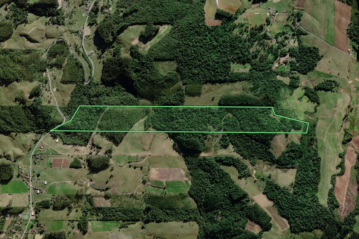 Imagem de satélite do imóvel rural em Braço do Trombudo (SC), com o contorno declarado no CAR desenhado por cima.