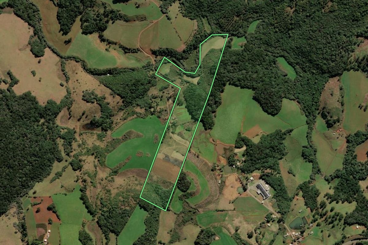 Imagem de satélite do imóvel rural em Brunópolis (SC), com o contorno declarado no CAR desenhado por cima.