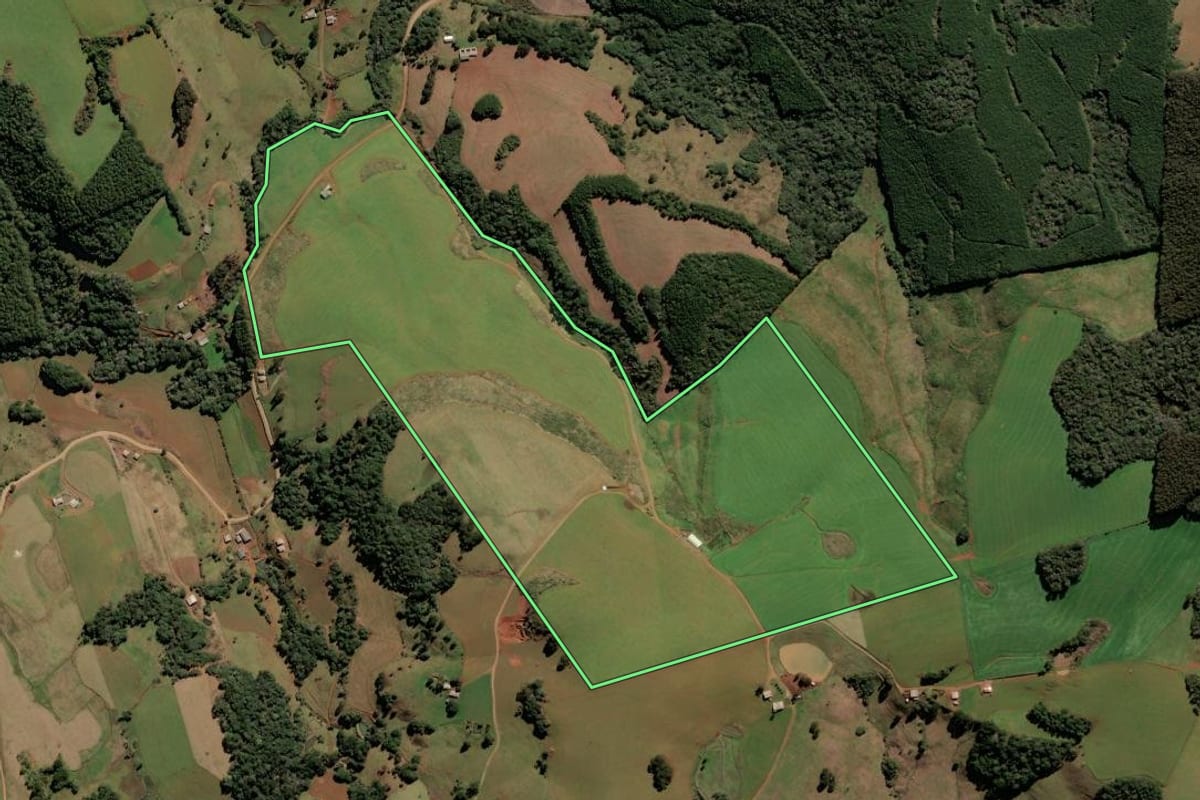 Imagem de satélite do imóvel rural em Brunópolis (SC), com o contorno declarado no CAR desenhado por cima.
